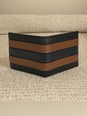 Coach Black and Brown Striped Leather Bifold Wallet